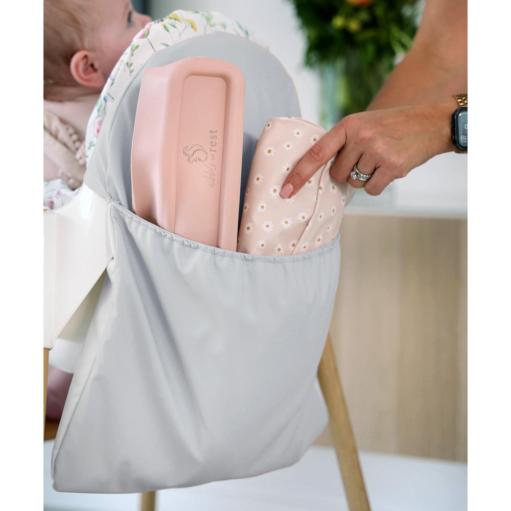 Nibble and Rest Antilop pocket pouch back view for neat highchair storage during meals