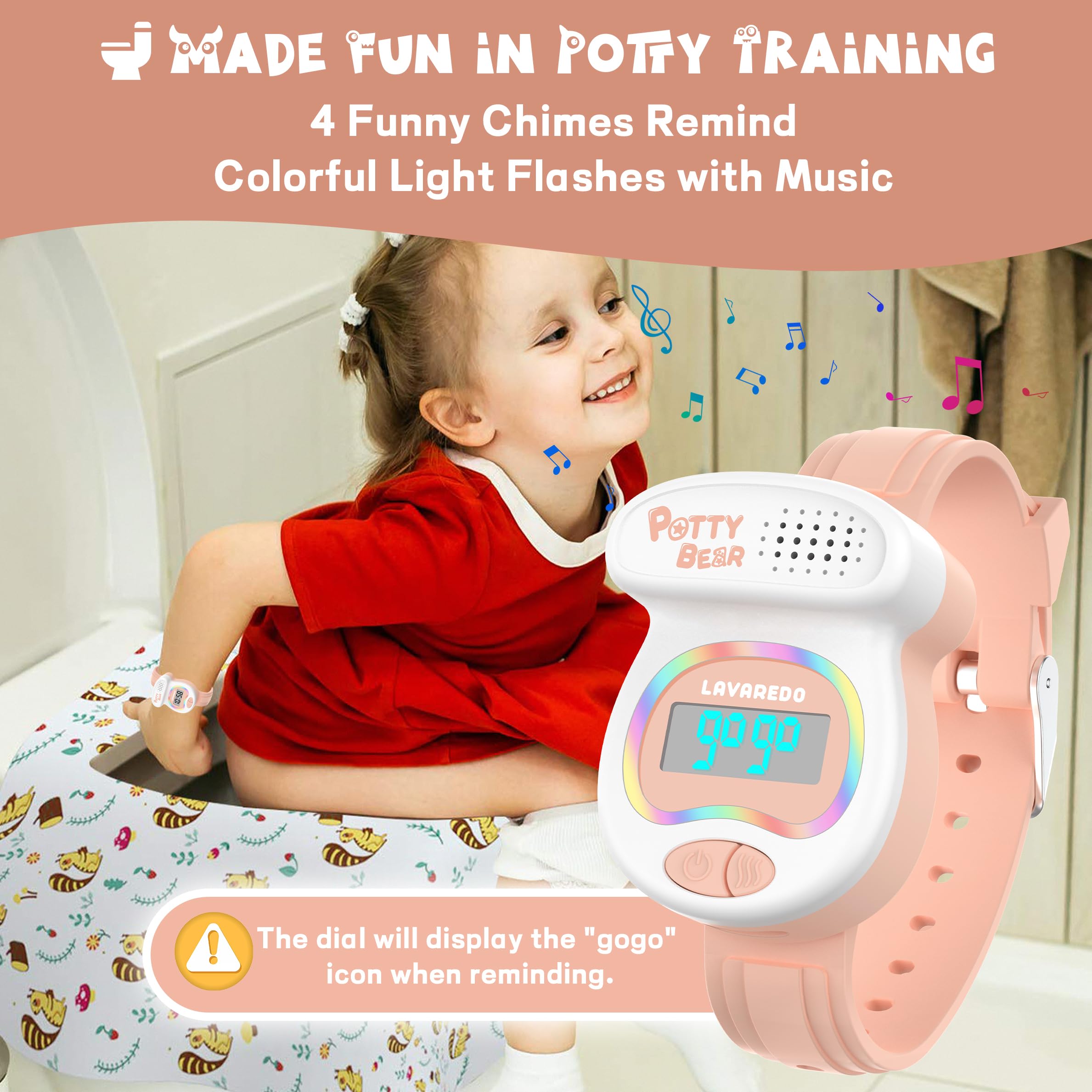 A ALPS kids watch plays cheerful melodies to prompt bathroom breaks.