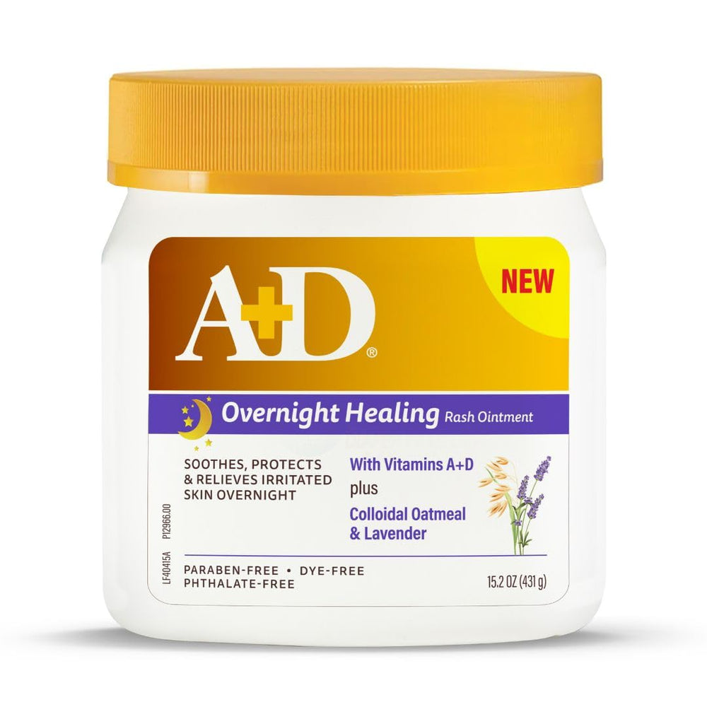 A+D Overnight Healing Ointment bottle closeup showing lavender and oatmeal.