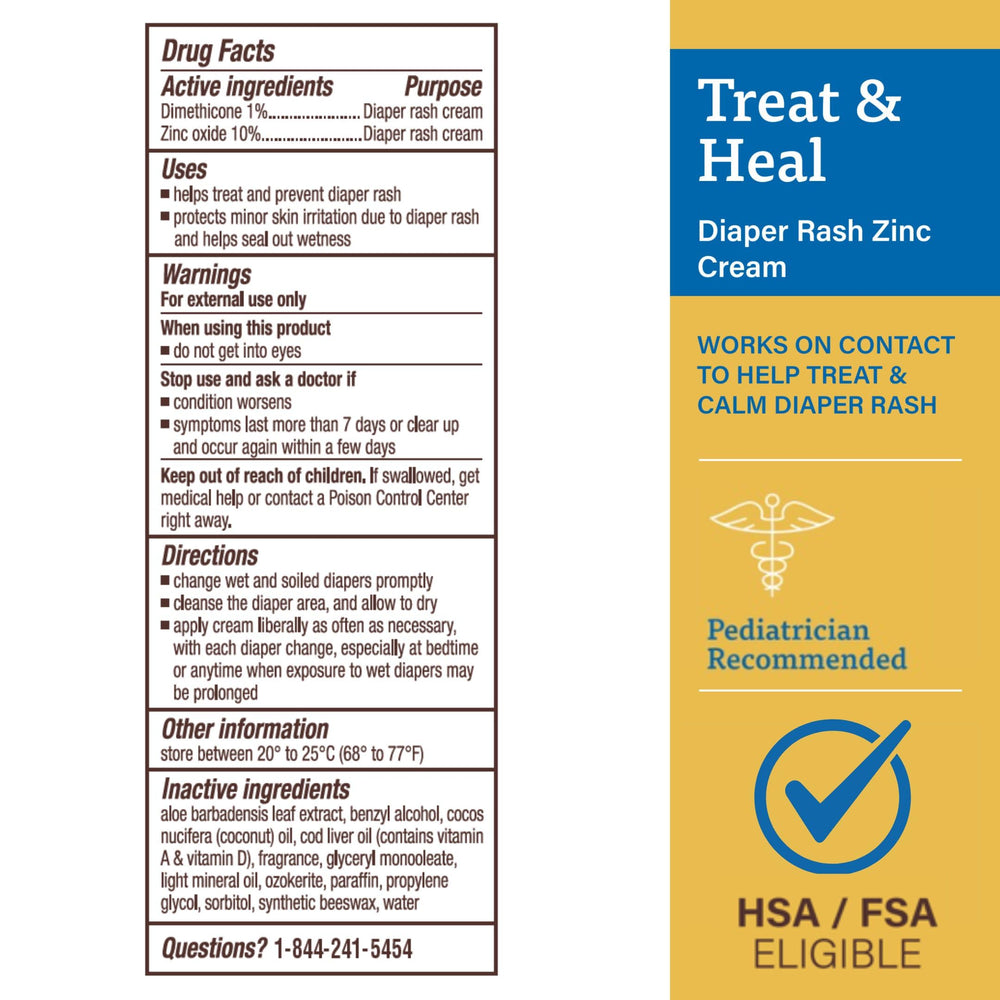A+D Treat Heal diaper cream label showing trusted ingredients and endorsements.
