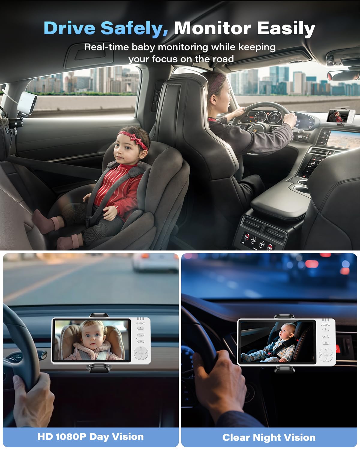 A2C baby car camera backseat view helps supervise siblings safely