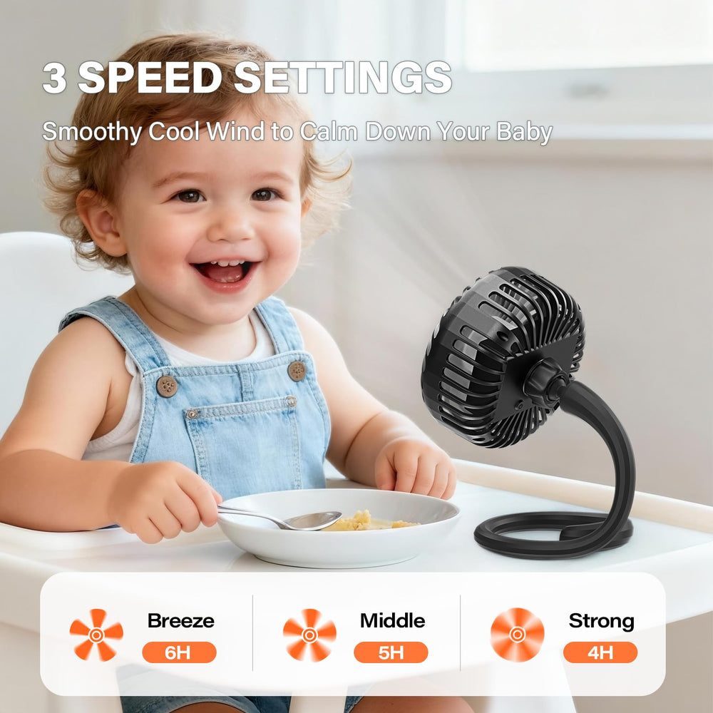 Three speeds provide gentle breeze for baby strolls and park outings.
