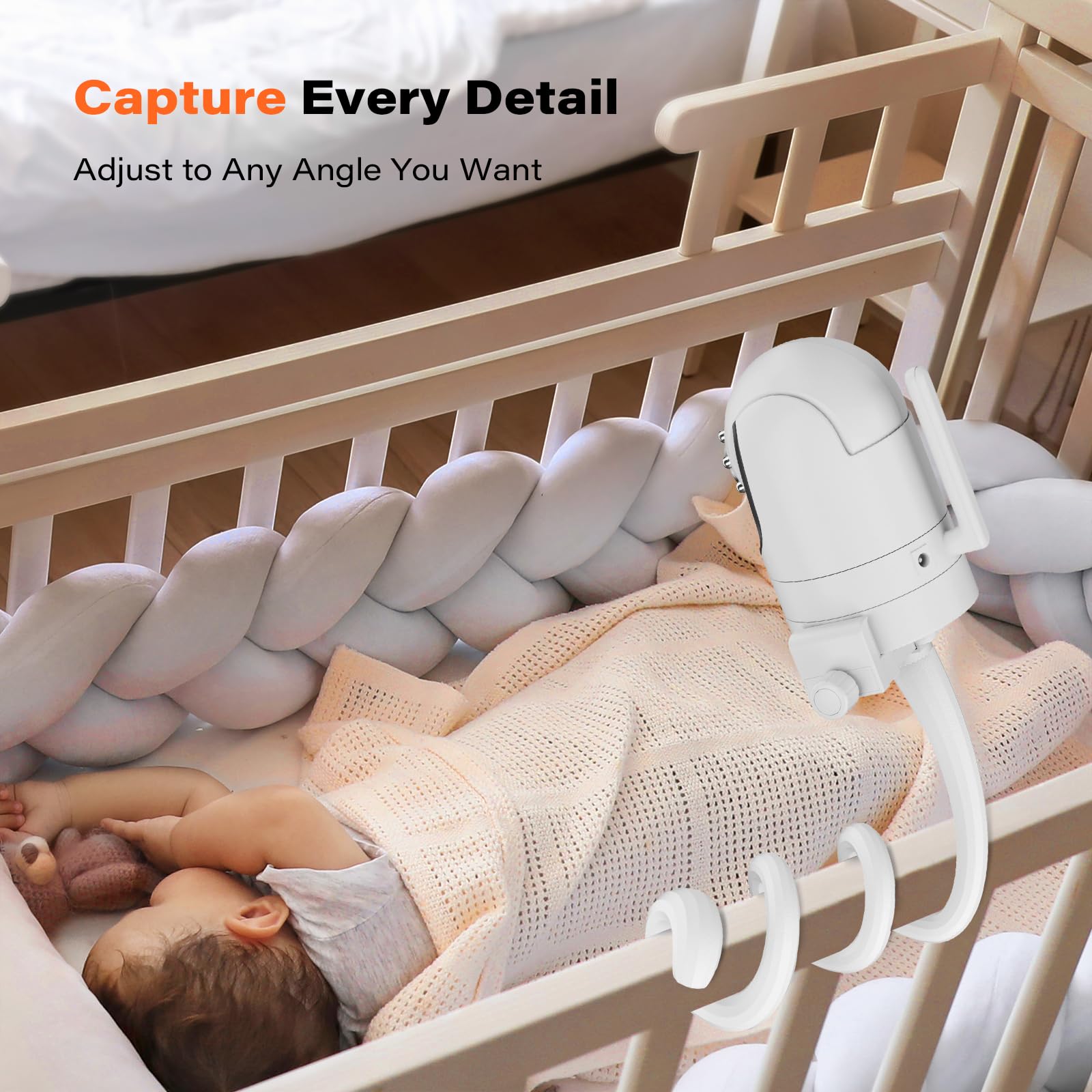 A2C universal mount positioned on a crib rail for a clear view.