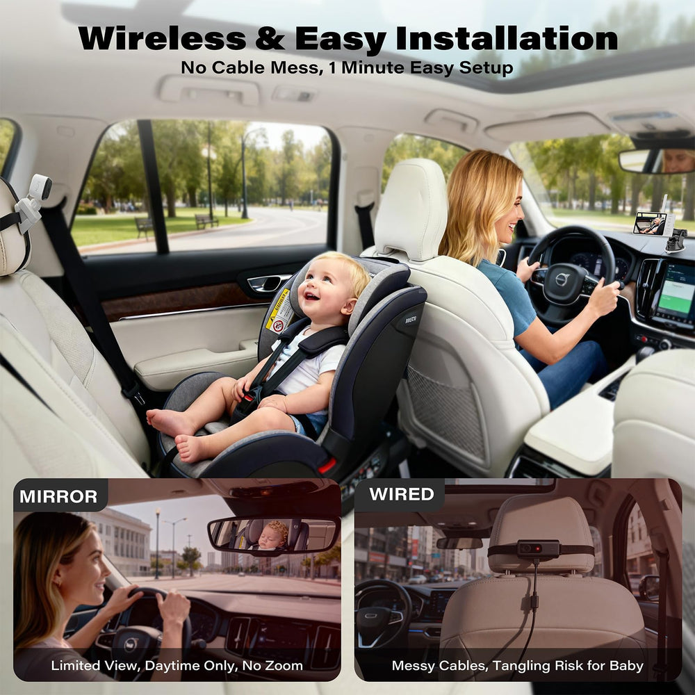A2C Wireless Baby Camera mounted in car seat enables clear backseat visibility.