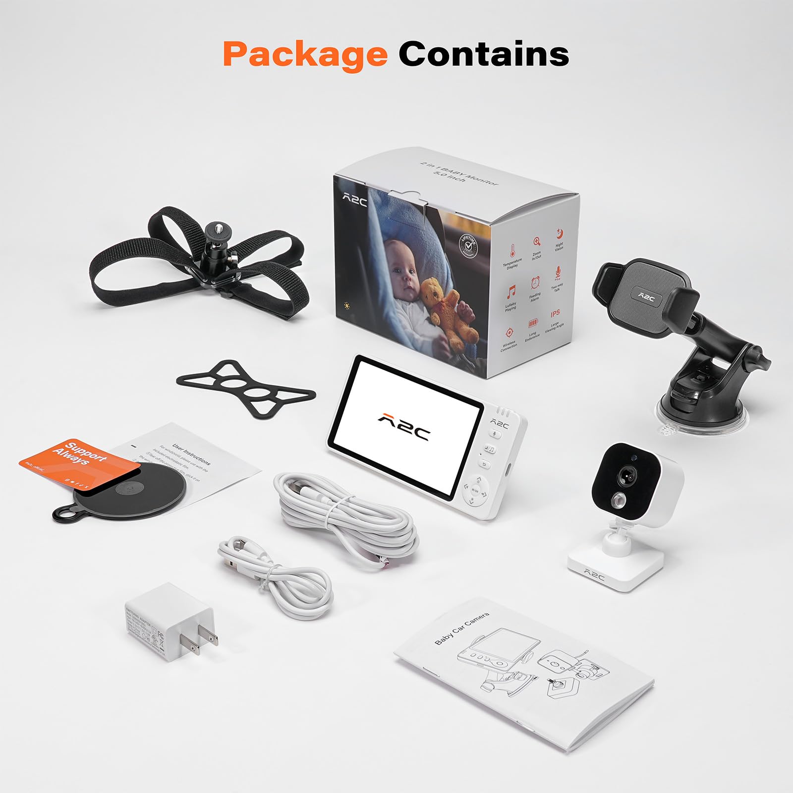 A2C wireless baby car camera 7-hour battery life supports extended trips.