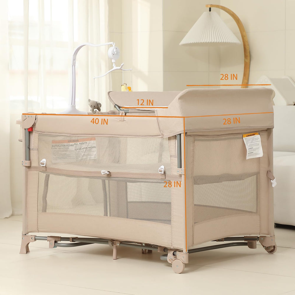 A2DAO beige pack-n-play suitable for nursery and travel.