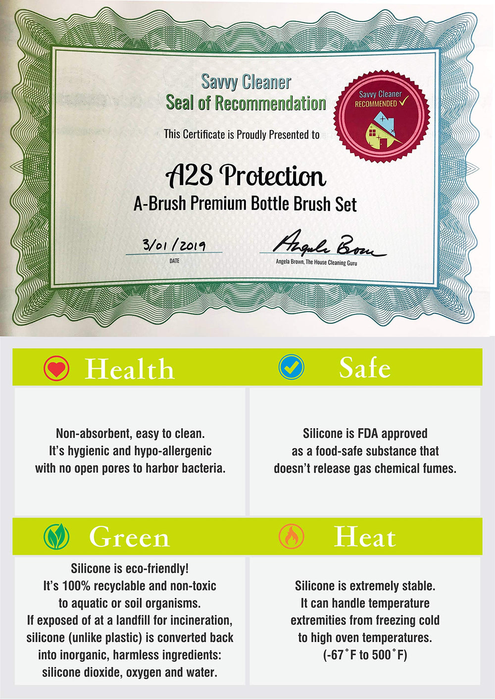 A-Brush silicone bottle cleaner is heat-safe up to 140°F for hot cleaning.