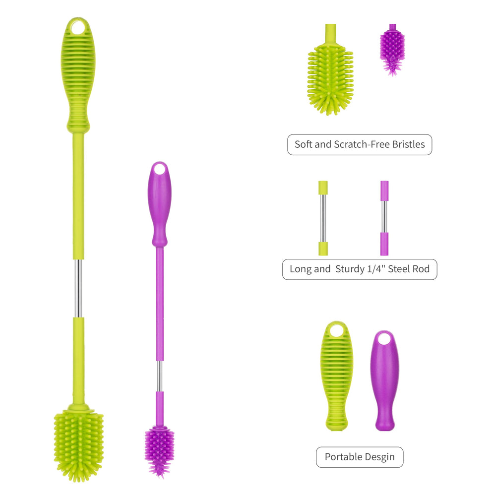 A-Brush silicone bottle cleaner reaches narrow openings for thorough cleaning.