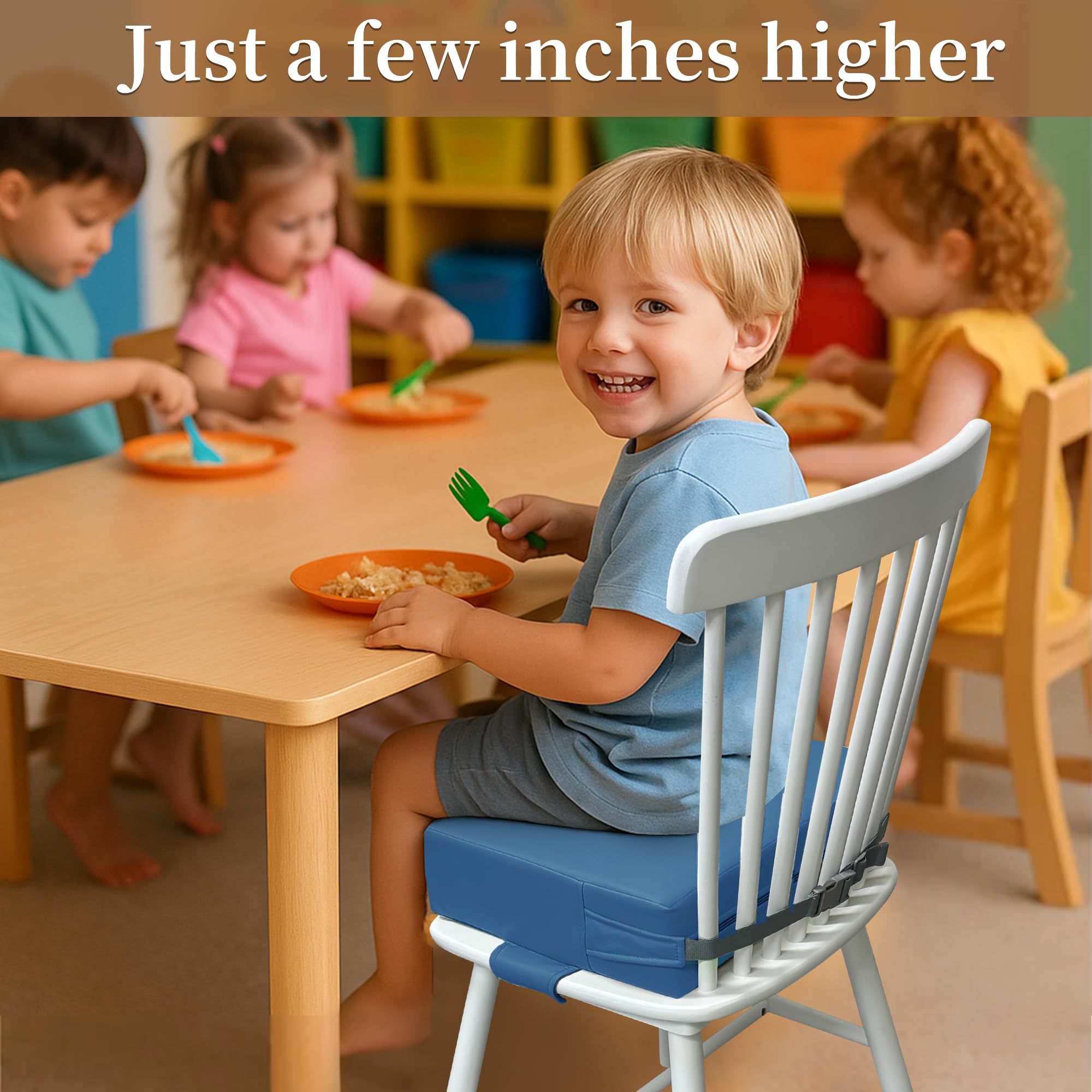 AAAini blue booster seat shows extended belt for chair fit