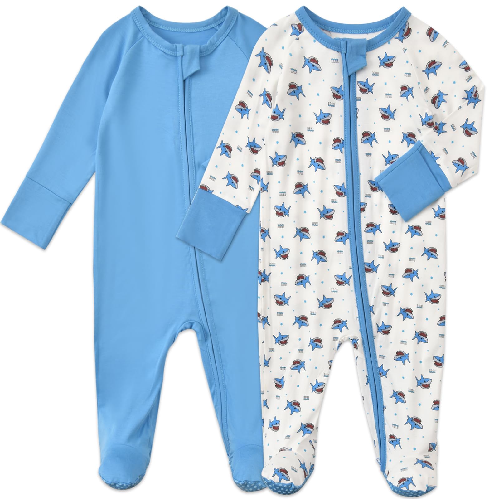 Aablexema baby footed coverall with blue shark print, soft bamboo fabric for comfort.