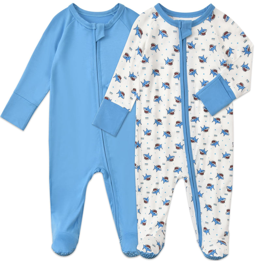 Aablexema baby footed coverall pajamas in blue shark newborn, soft bamboo fabric for gentle skin.