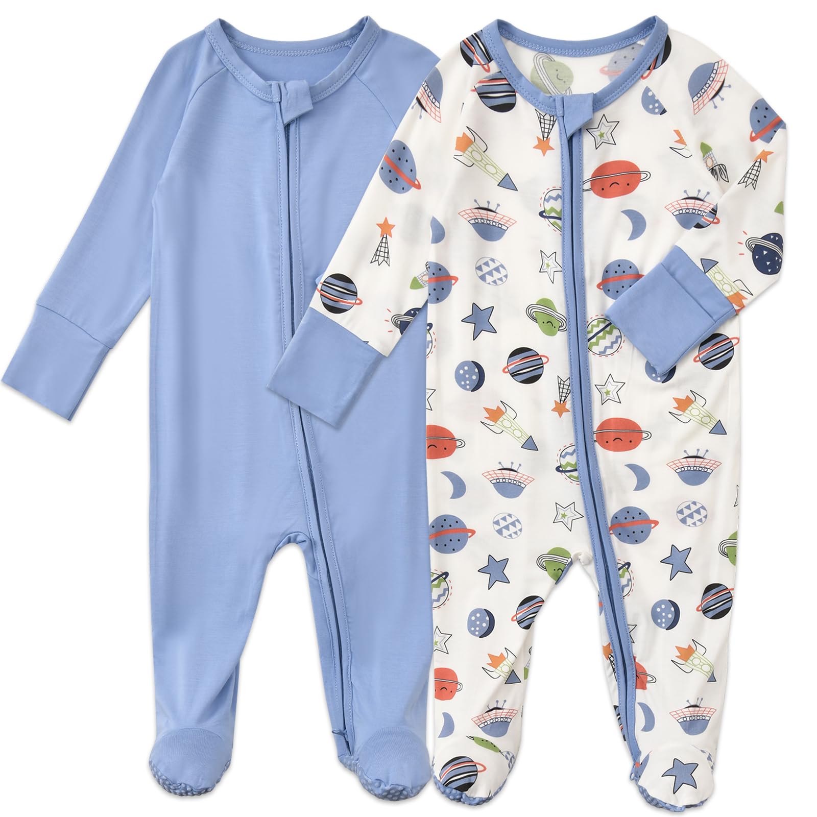 Aablexema baby footed coverall pajamas in Midnight Blue Space for 6-12 months, cozy and full-coverage.