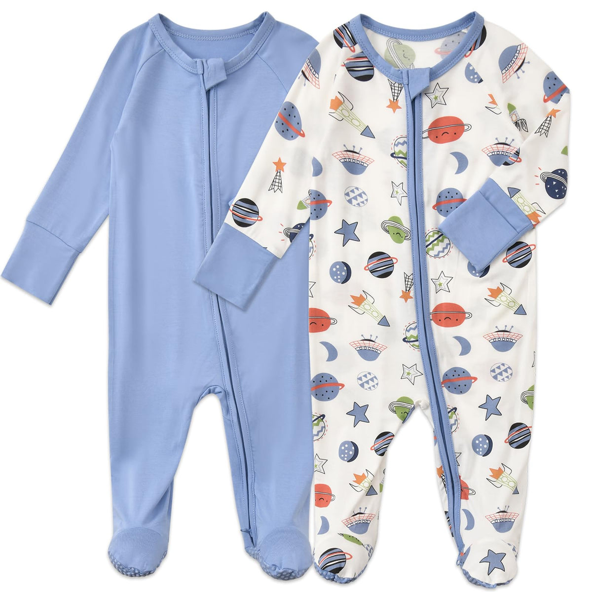 Aablexema baby footed coverall pajamas in Midnight Blue Space for 6-12 months, cozy and full-coverage.