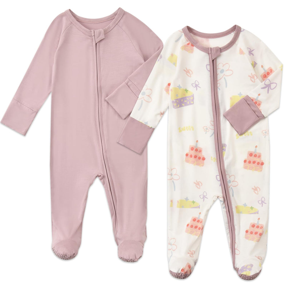 Aablexema baby footed coverall with mittens and 2-way zipper for easy diaper changes.