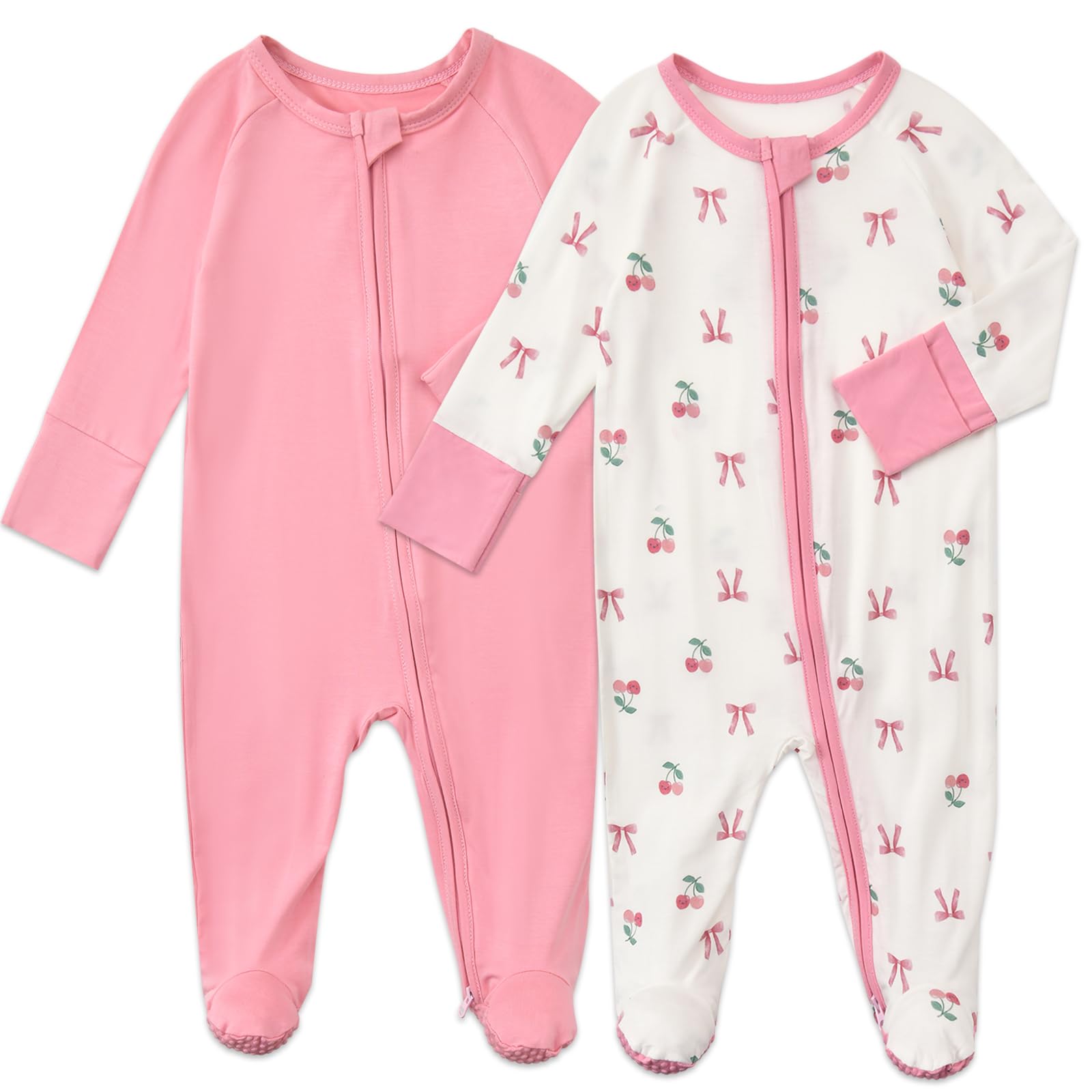 Aablexema baby footed coverall with pink cherry bow for newborn warmth