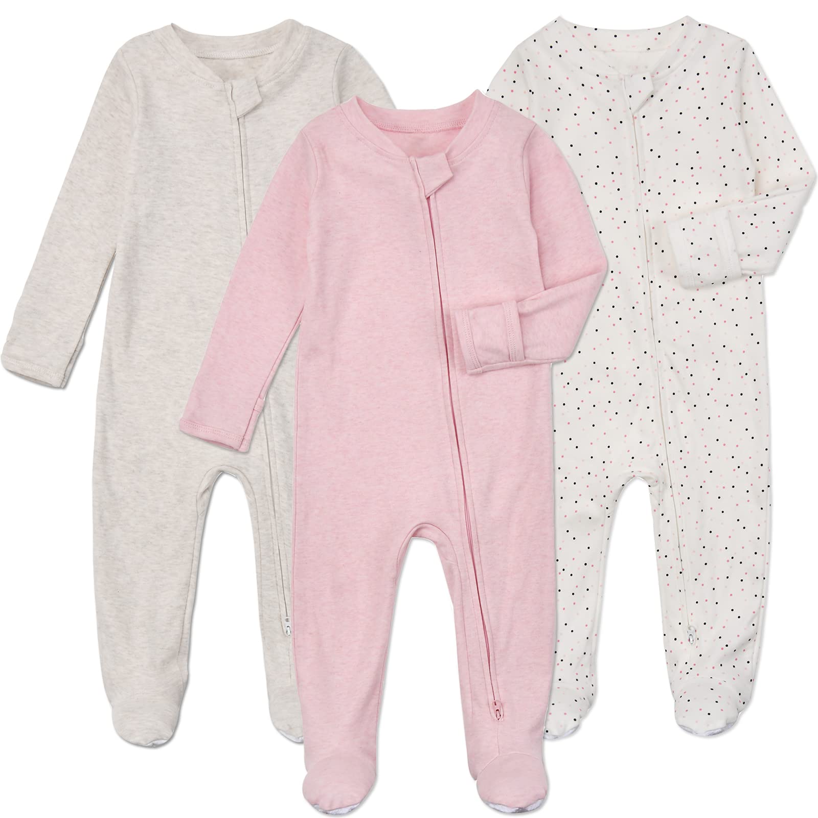 Aablexema baby footie pajamas in grey-khaki with built-in mittens for safe sleep.