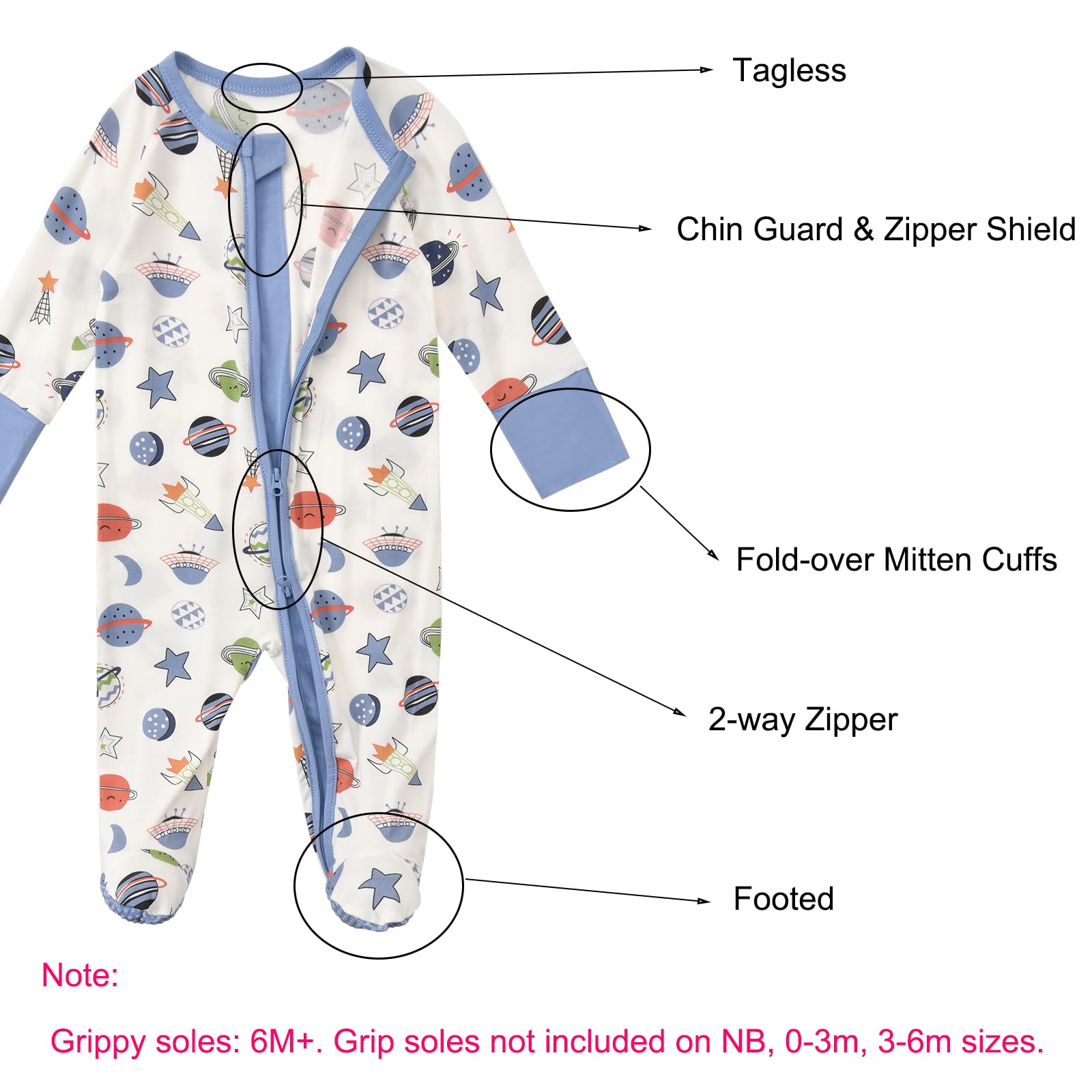 Aablexema two-way zipper on baby coveralls enables easy diaper changes.