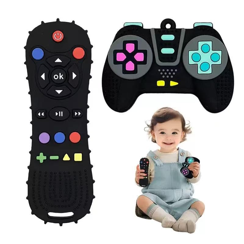AALFA baby teething toy remote and game shape in soft silicone for soothing gums.