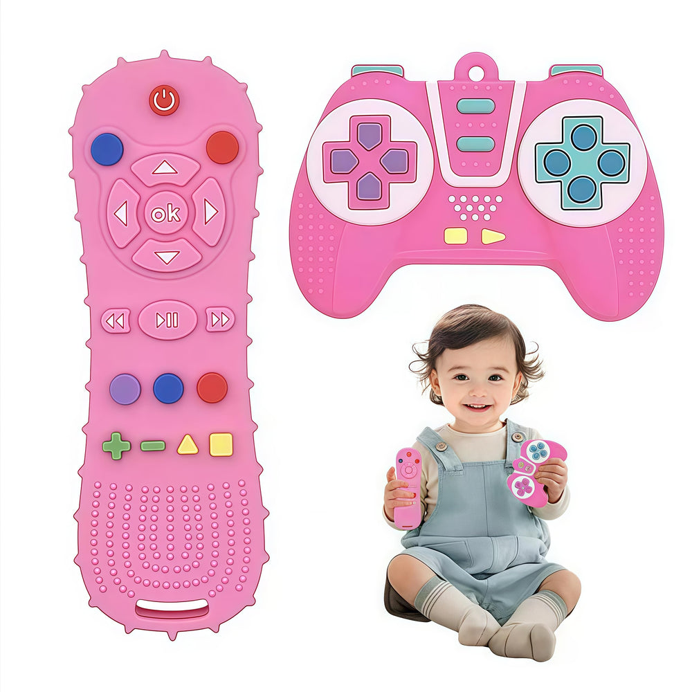 AALFA pink game controller teether with easy grip for little fingers.