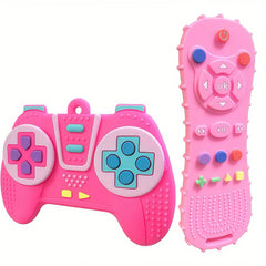AALFA pink remote teether in soft silicone soothing gums.