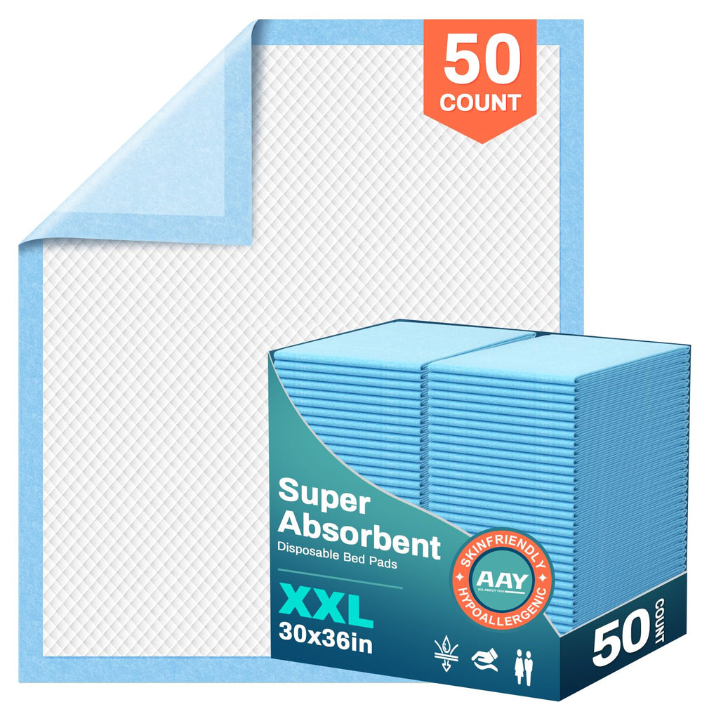 AAY bed pads 30x36 pack shot for easy cleanup and coverage