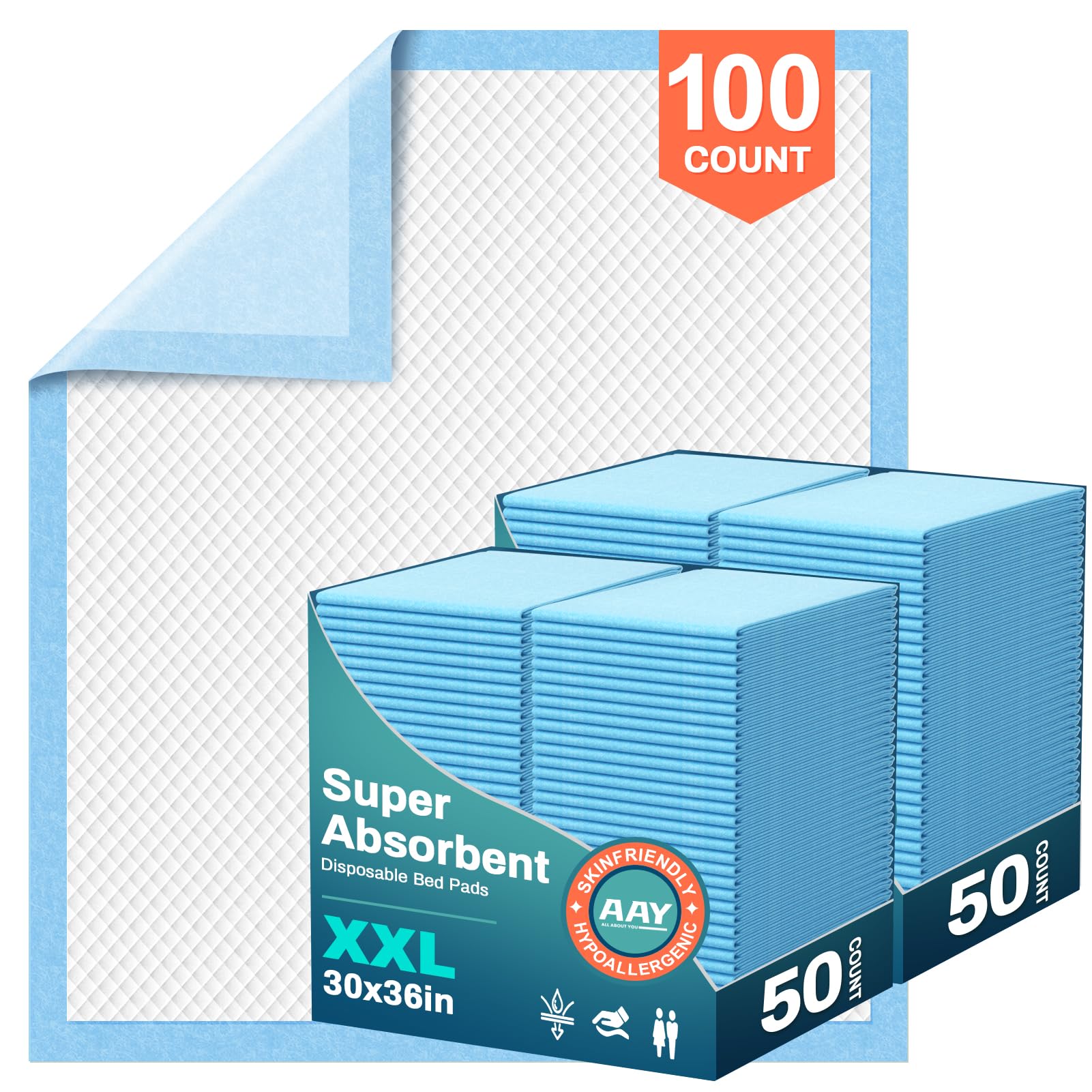 AAY disposable bed pads packaging shown for quick, reliable overnight protection