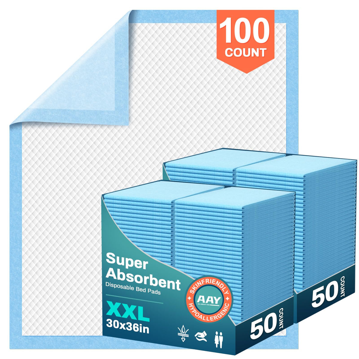 AAY disposable bed pads packaging shown for quick, reliable overnight protection