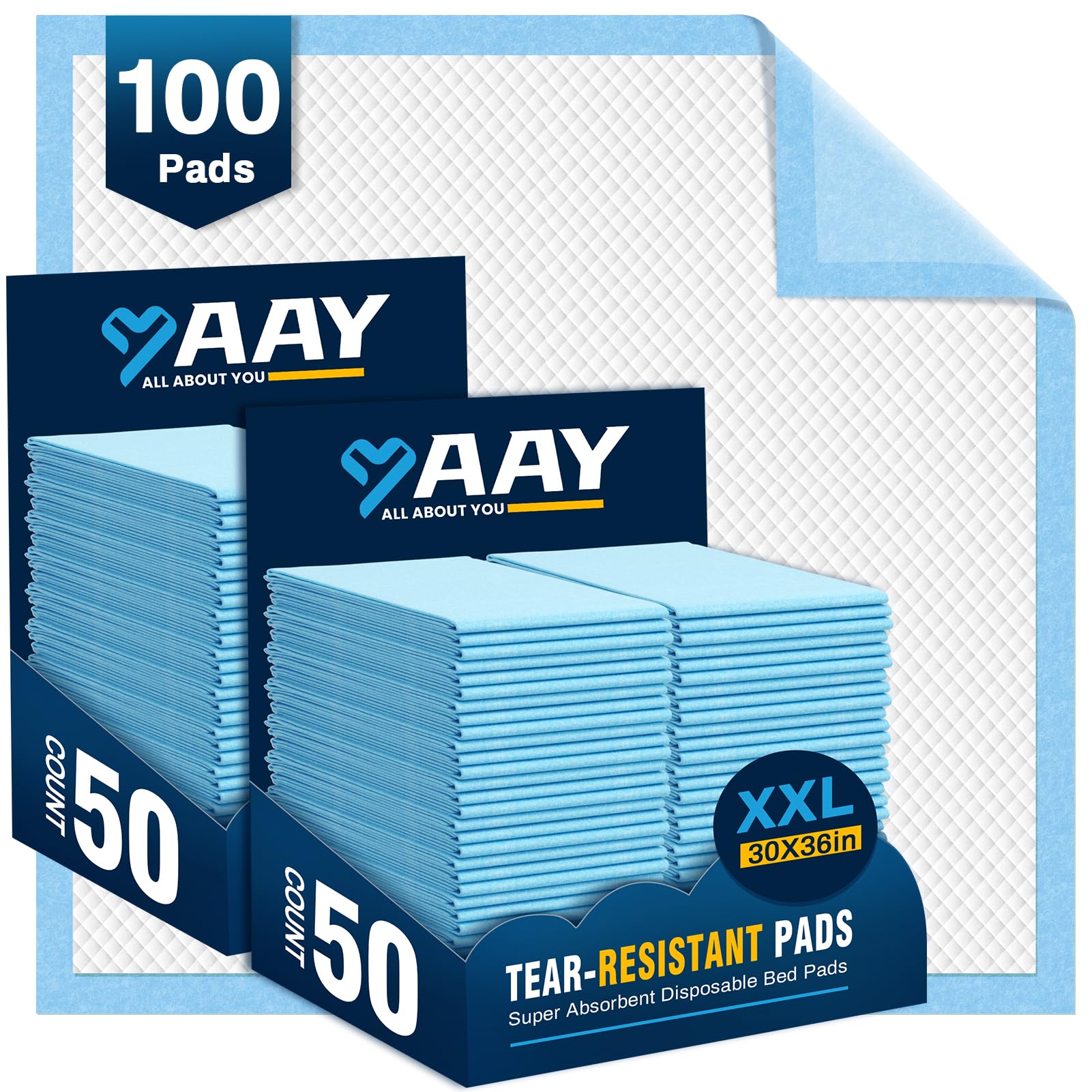 AAY disposable bed pads 30x36 pack-shot showing cloth backing and leak protection.