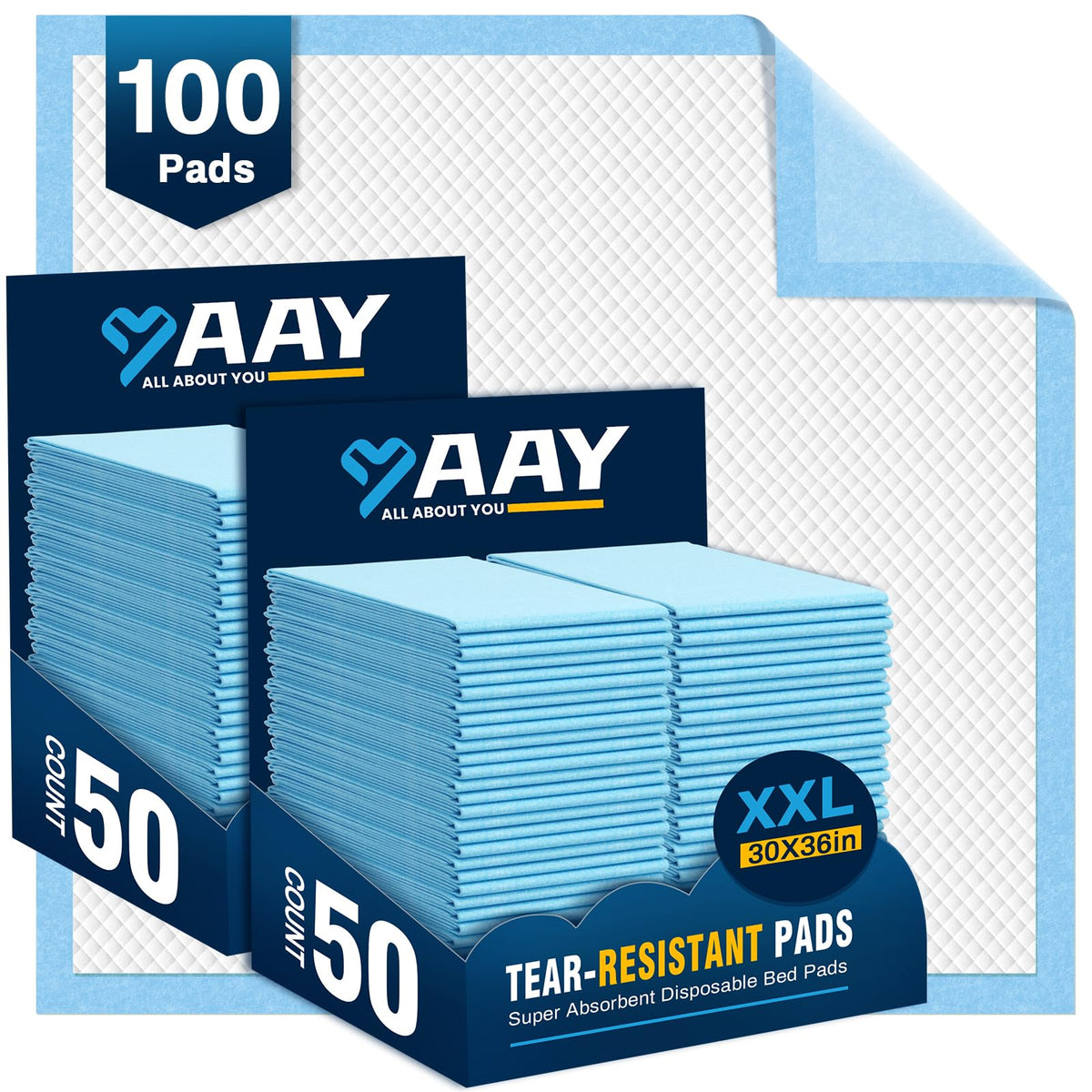 AAY disposable bed pads 30x36 pack-shot showing cloth backing and leak protection.