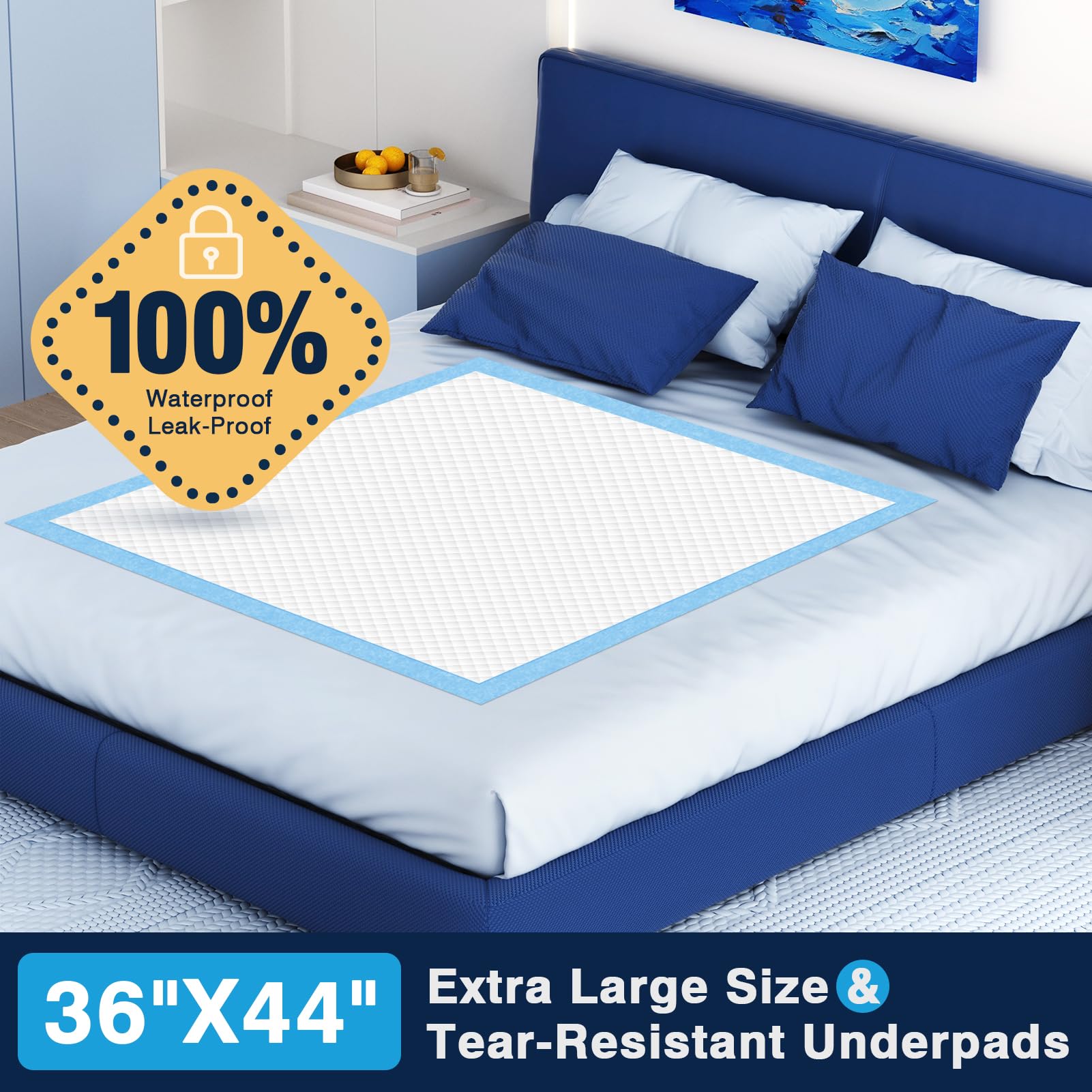 AAY extra-large 36x44 inch bed pad covering bed and furniture.