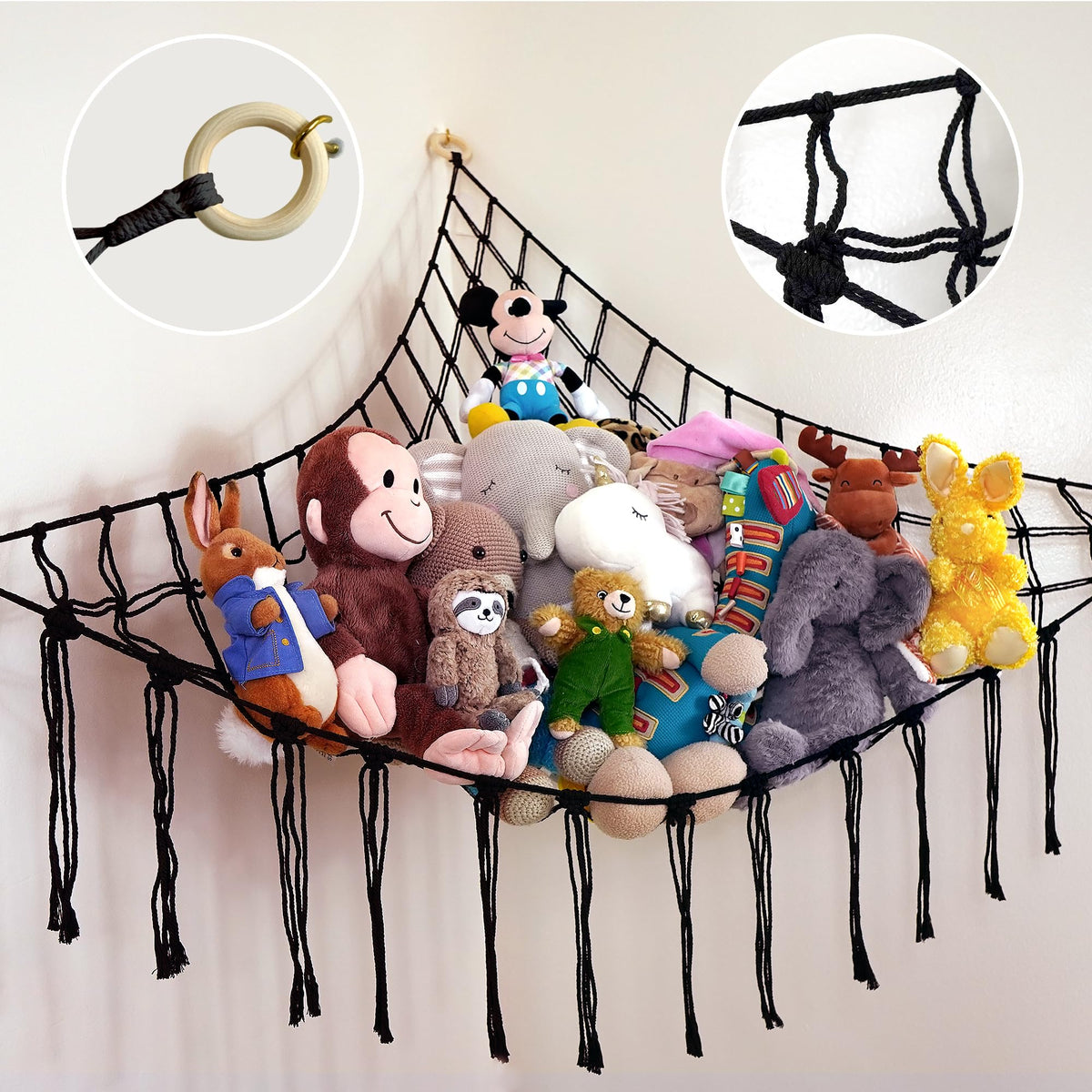 ABBY BABY large stuffed animal hammock corner showing ample toy storage in a cozy playroom.