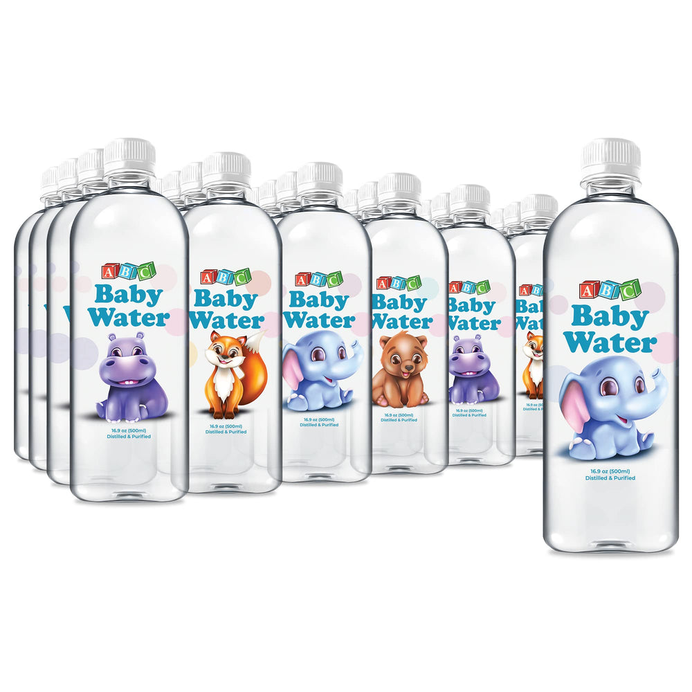 ABC Baby Water front label 16.9oz bottle with friendly animal designs.