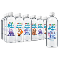 ABC Baby Water front label 16.9oz bottle with friendly animal designs.