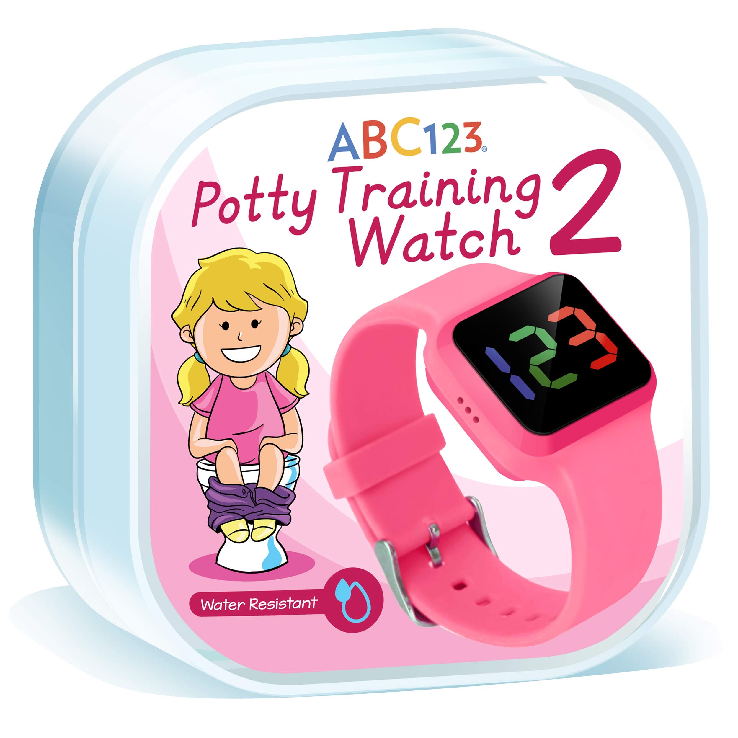 ABC123 Potty Training Watch 2 pink wearable on a child's wrist for timely reminders.