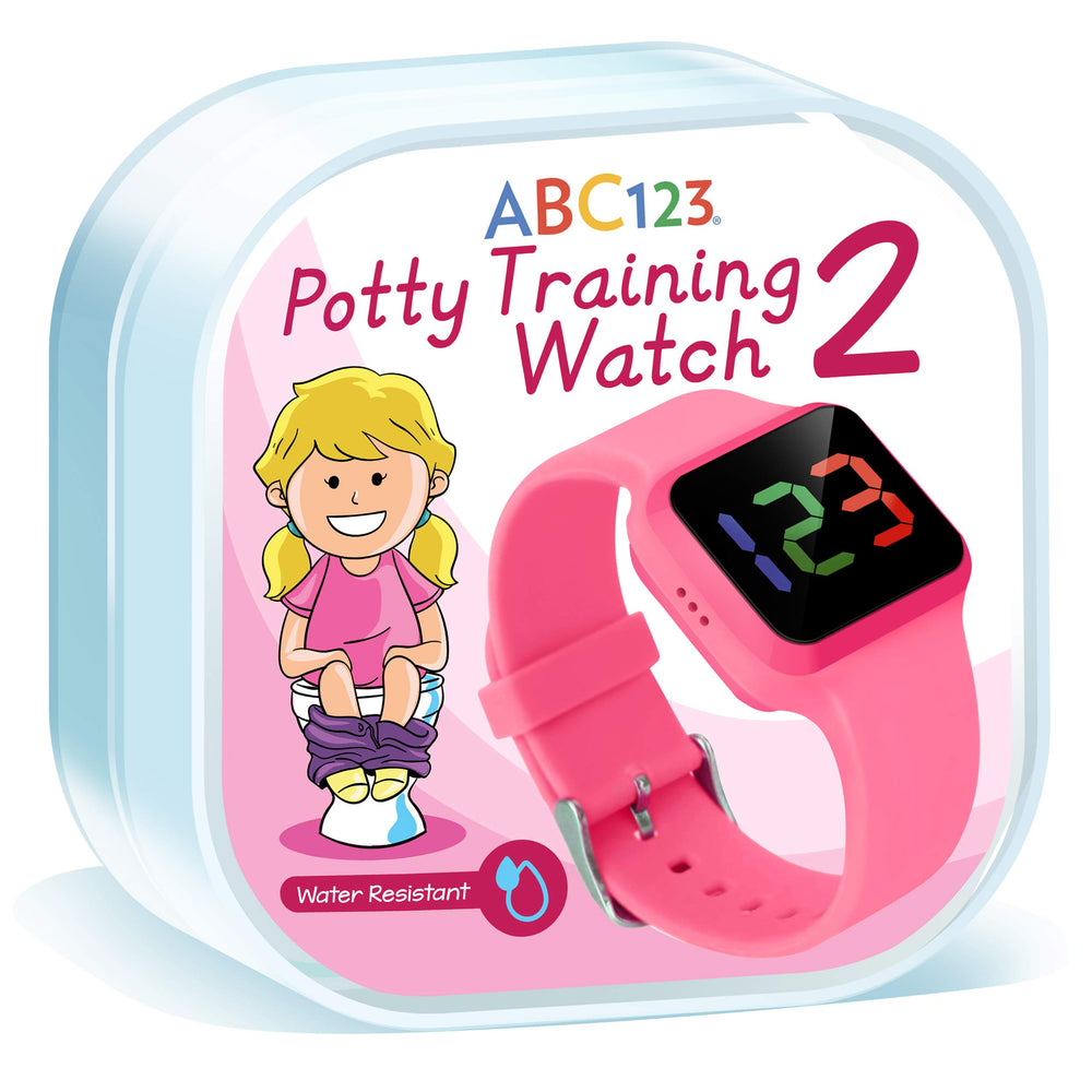 ABC123 Potty Training Watch 2 pink wearable on a child's wrist for timely reminders.