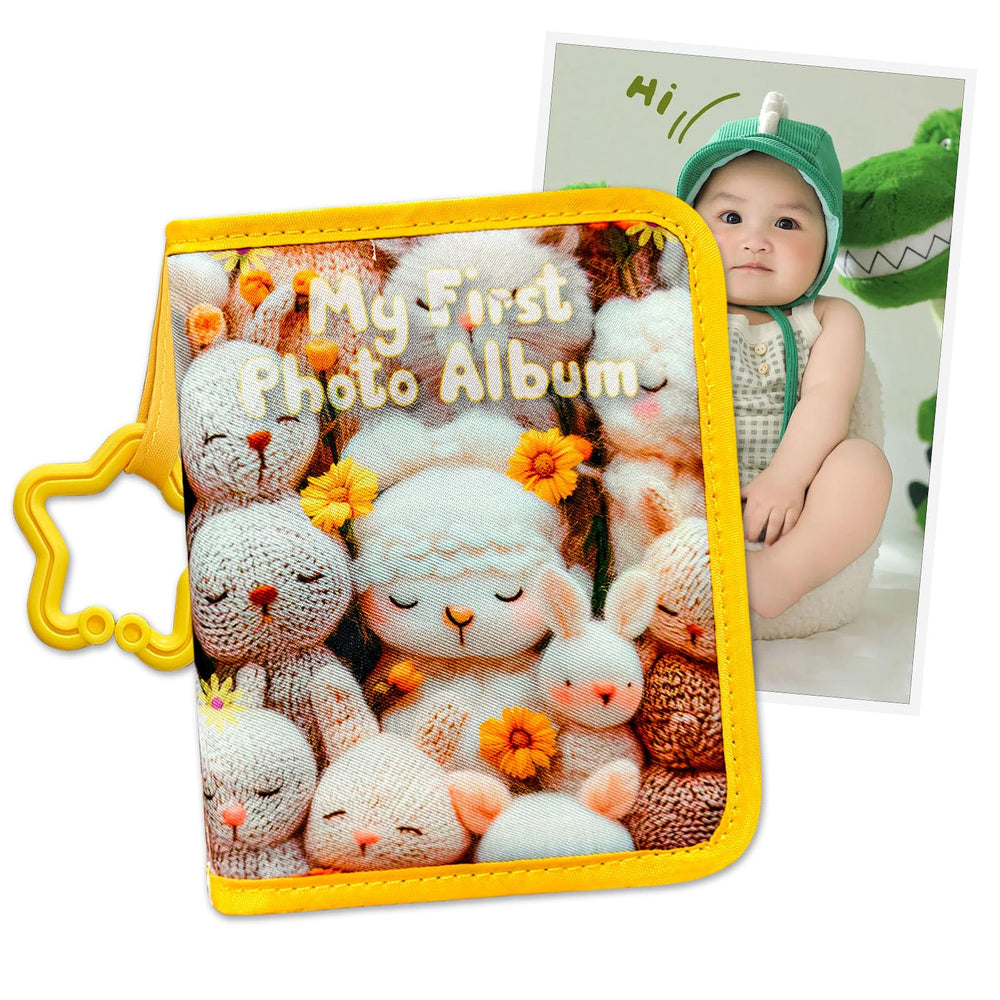 ABCKEY baby-first-family-album cover in soft fabric invites tactile exploration.