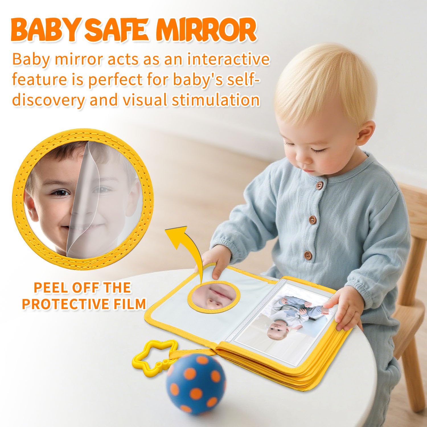 ABCKEY baby mirror on back supports self-discovery and visual curiosity.