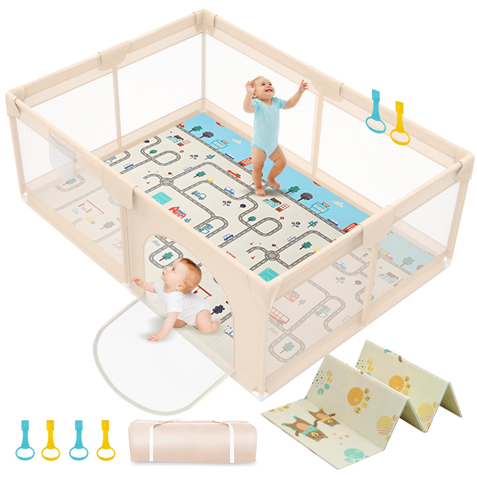 Abdtech Baby Playpen apricot fabric texture provides a cozy play area.