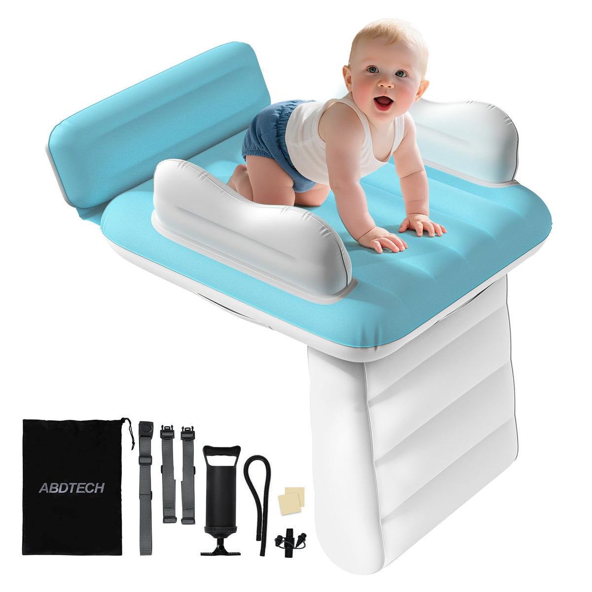 Abdtech inflatable toddler airplane bed front view shows safe, cushioned sleep on board.