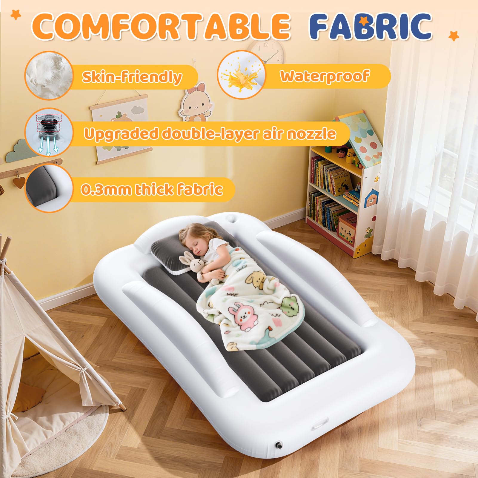 Abdtech velvet flocked fabric offers a soft, waterproof sleep surface.