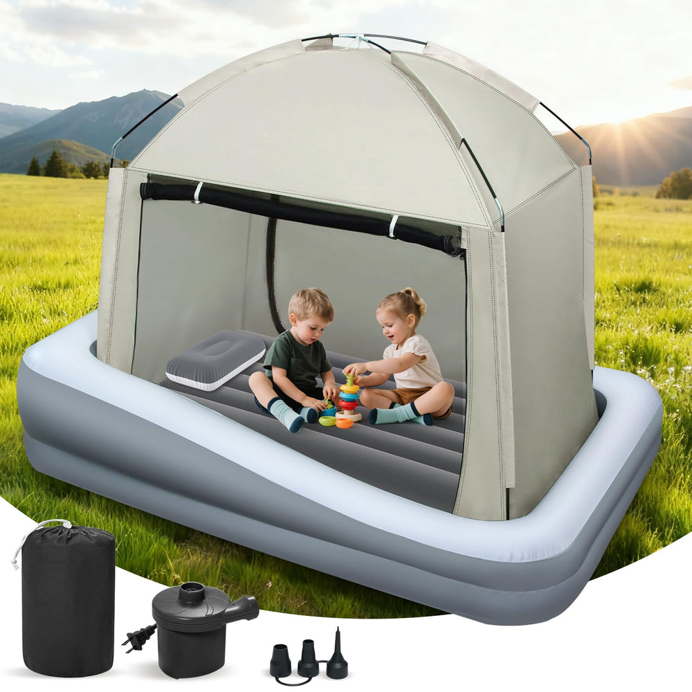 Abdtech inflatable toddler travel bed with tent setup for seamless sleep cocoon