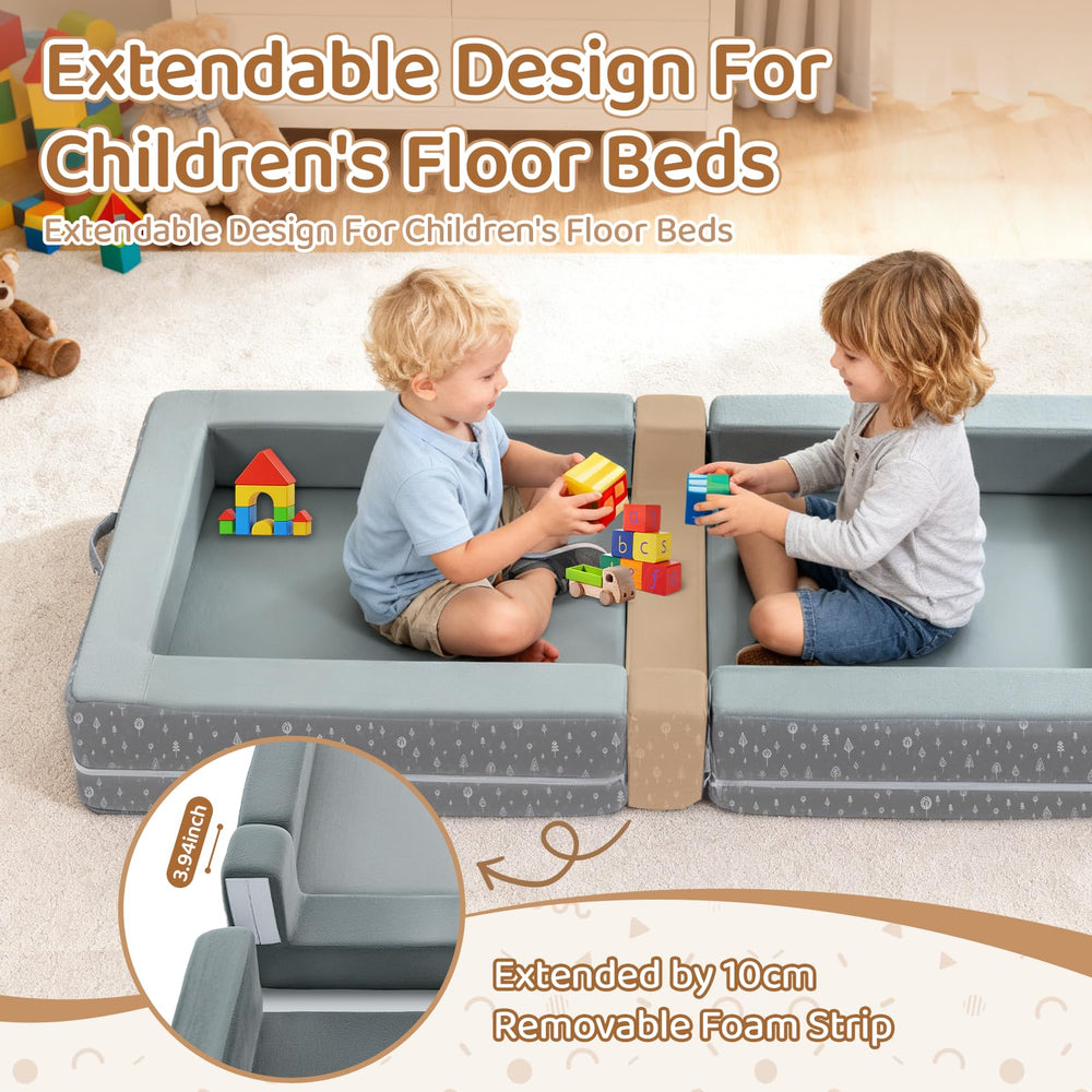 Abdtech portable toddler bed expanded into a flat surface for safe play.