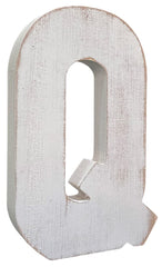 ABELOTS distressed white wash Q letter stands freely on desks.