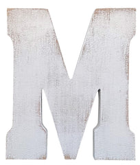 ABELOTS large wood letter M in distressed white wash stands as rustic wall decor.