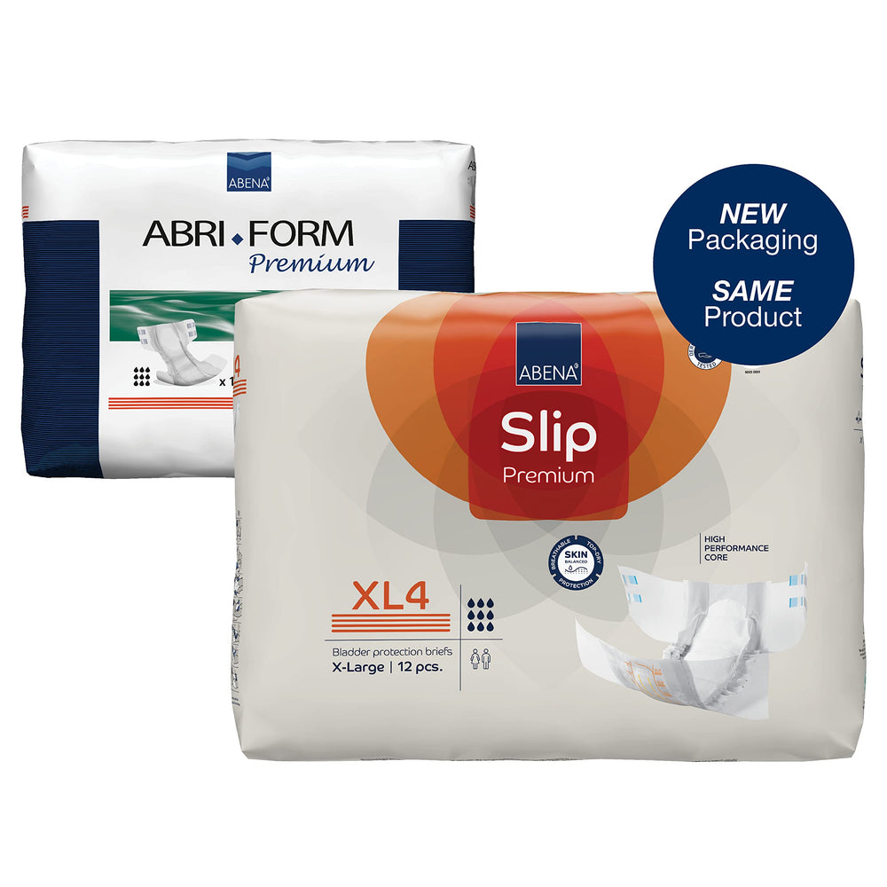 Abena Slip Premium XL4 pack showcases discreet packaging for easy restocking.