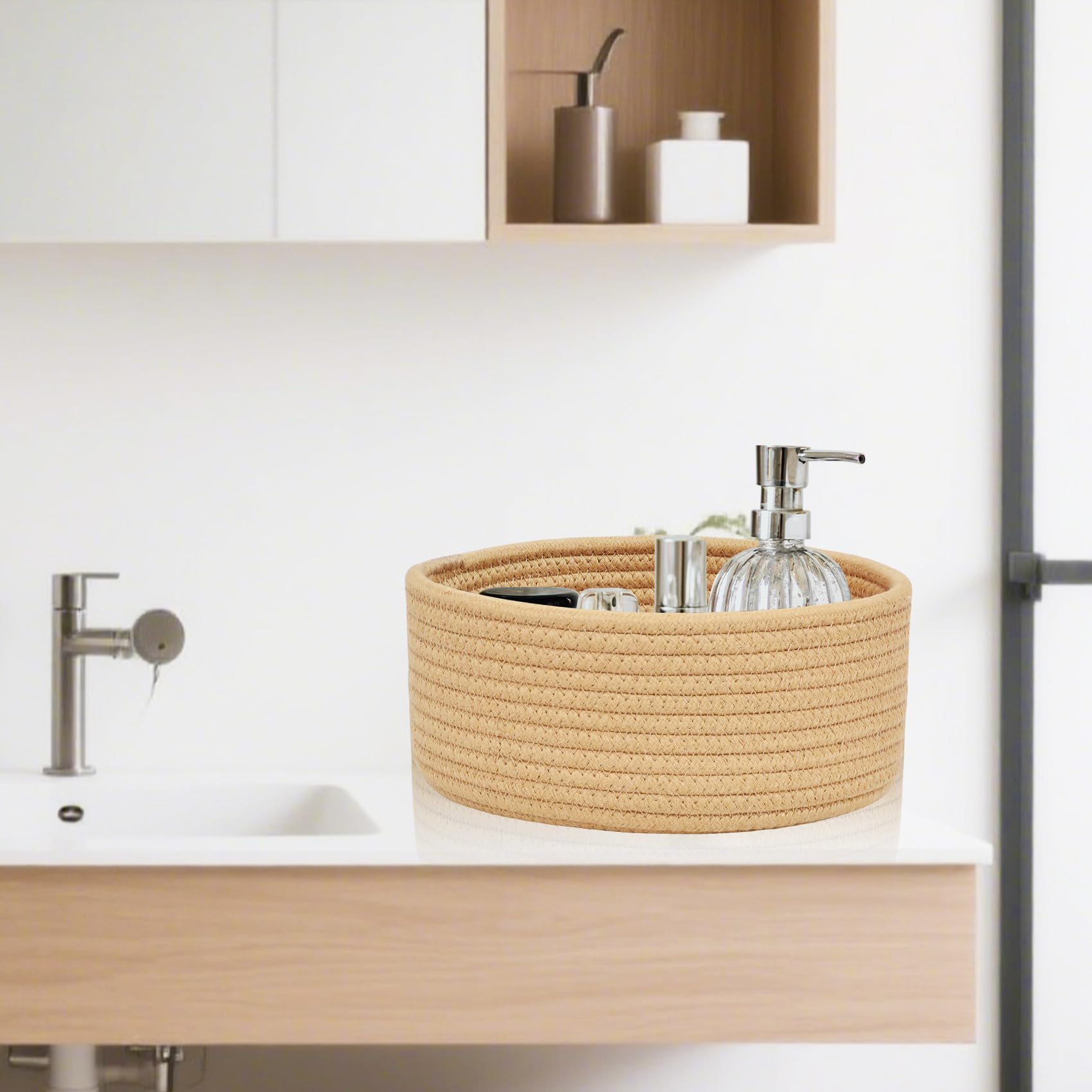 ABenkle bathroom vanity basket helps keep vanity items organized and accessible.