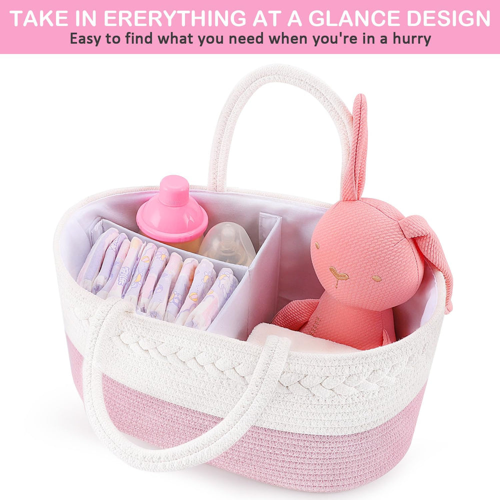 ABenkle changing table organizer demonstrates easy reach for bottles and accessories.