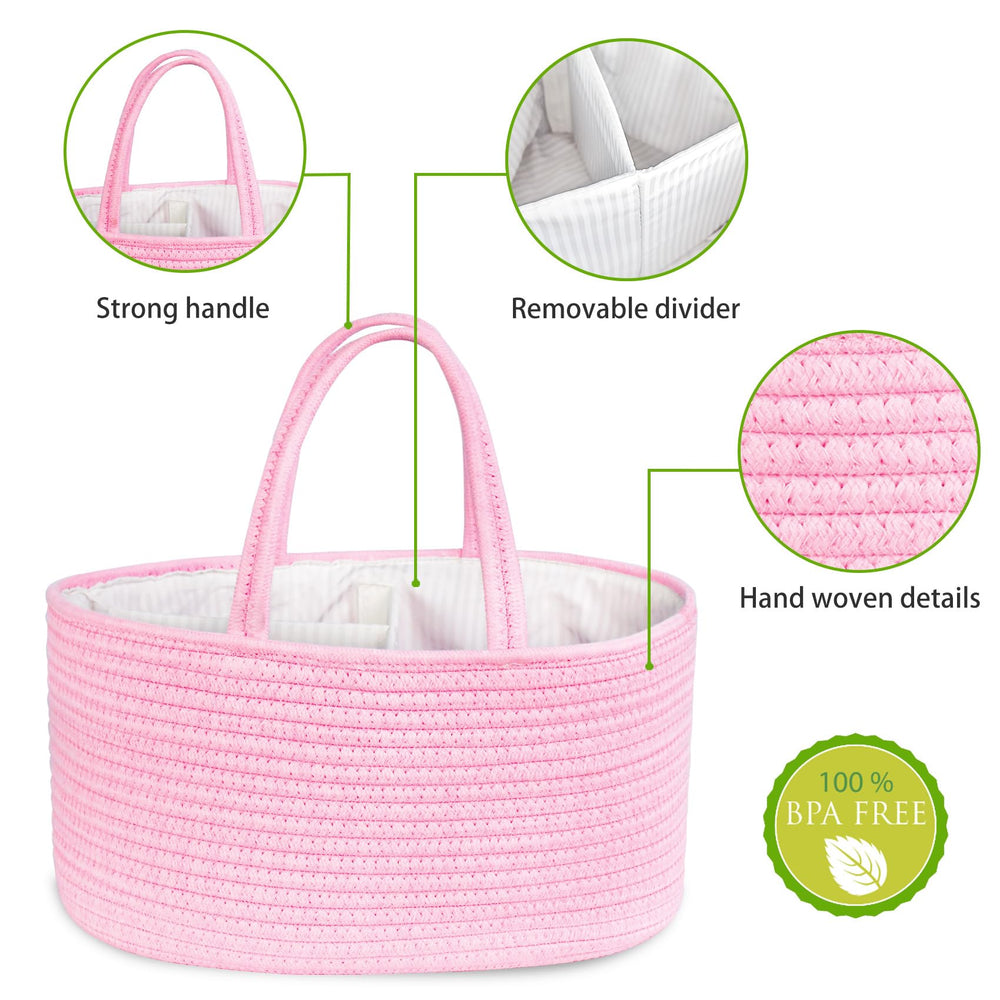 ABenkle diaper caddy at changing table setup supports quick diaper changes.
