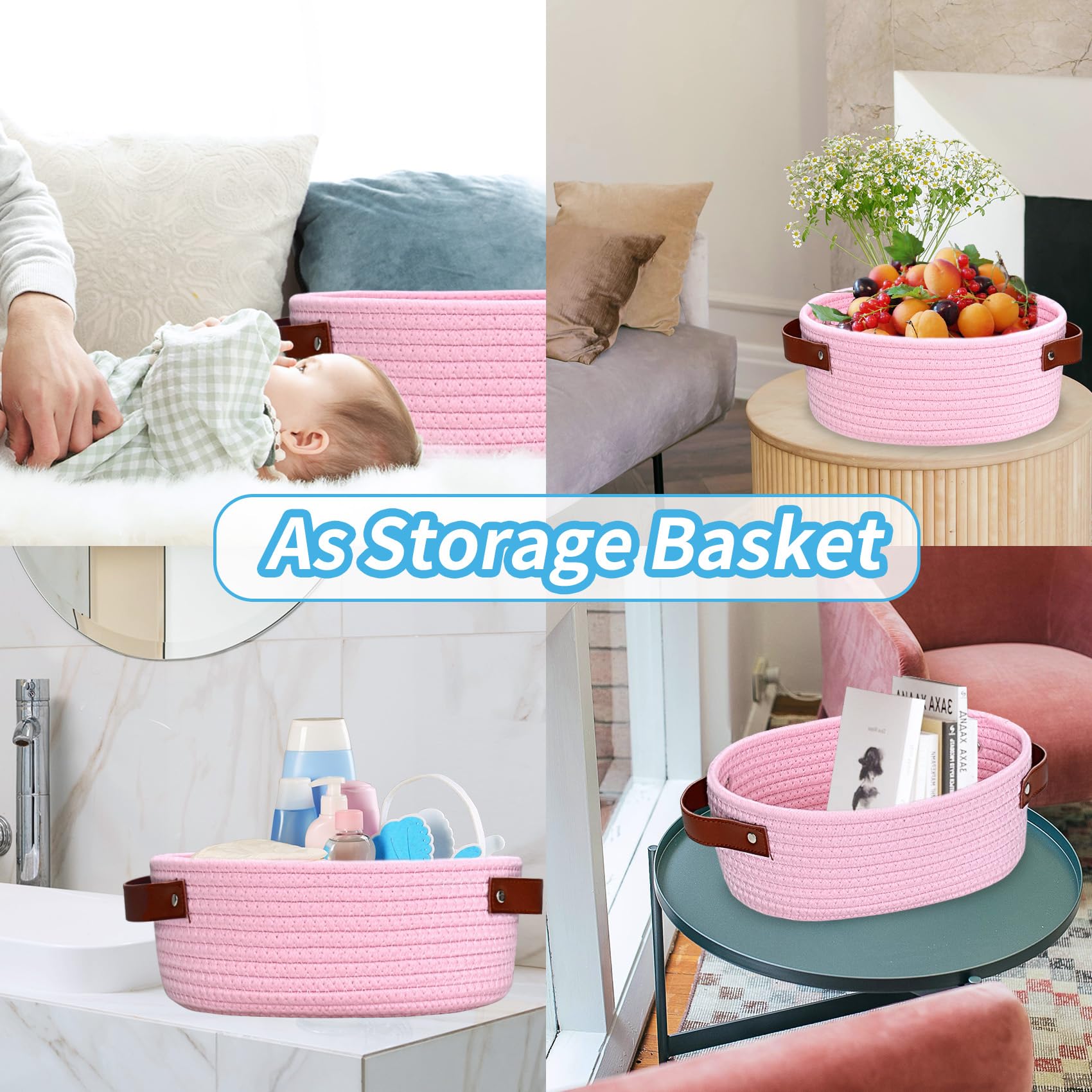 ABenkle pink basket close-up showing natural cotton rope texture