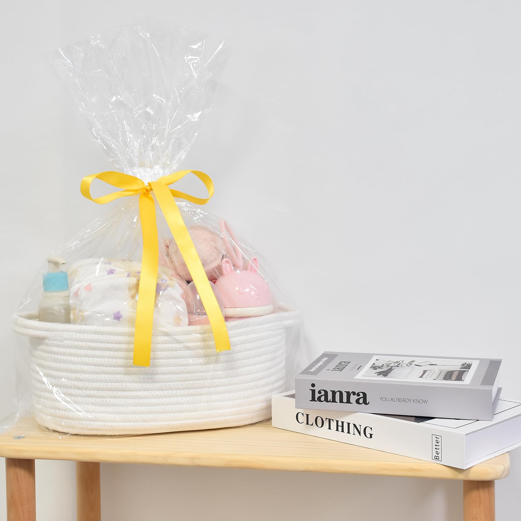 ABenkle nursery storage basket keeps clutter off surfaces with style.